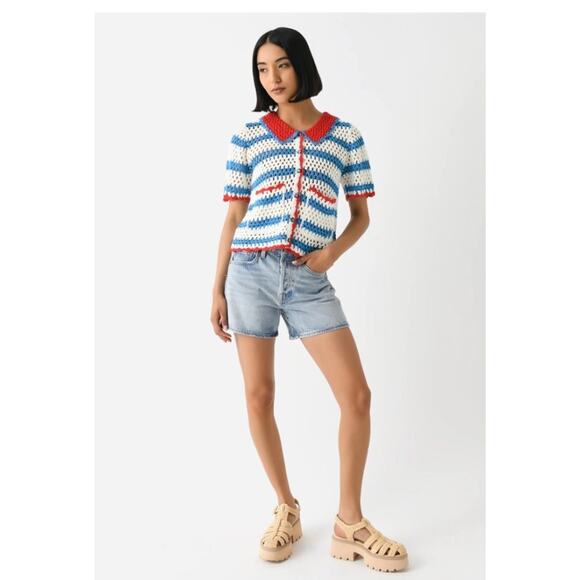 HUNTER BELL Sz L Large Kate Top Crochet Sweater Cardigan Short Sleeve - Picture 7 of 12